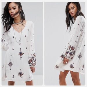 Free People White Floral Embroidered Boho Long Sleeve Austin Mini Dress - XS
